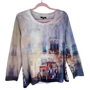 Tesoro Moda Graphic Print Sequined Long Sleeve Pullover Sweater Size XL
